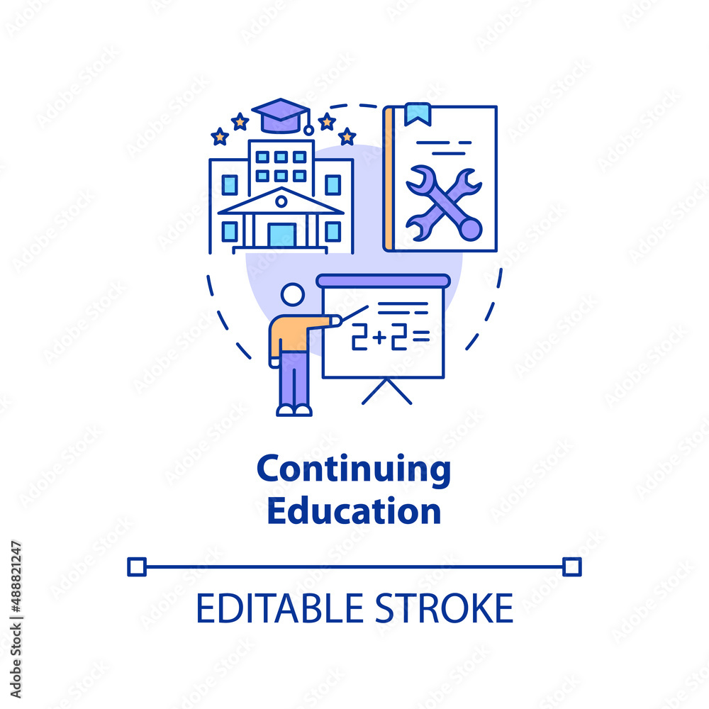 Continuing education concept icon. University extension. Lifelong learning contexts abstract idea thin line illustration. Isolated outline drawing. Editable stroke. Arial, Myriad Pro-Bold fonts used