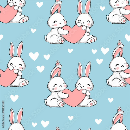 Cute rabbits with pink heart on blue background Valentines day background print vector illustration bunny