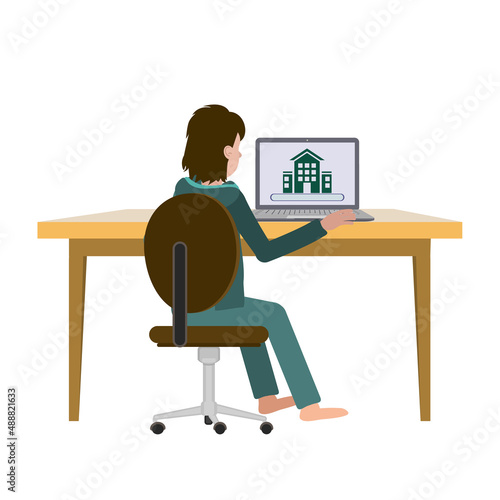 A man is sitting on an office chair at his laptop at home. User Rear view. Vector image of a man behind a desk with a laptop for animation. All details on separate layers