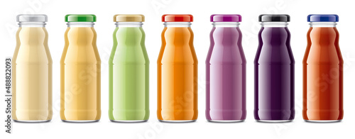 Set of Glass Bottles with non-transparent Juices. 