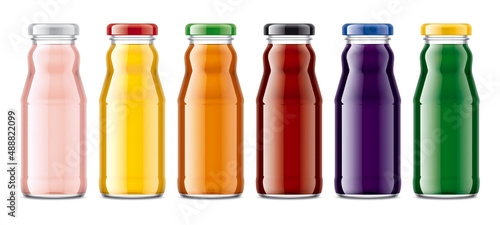 Set of Glass Bottles with transparent Juices. 