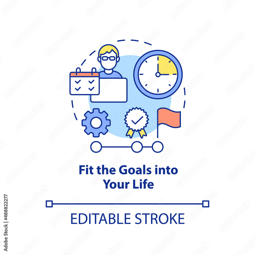 Fit goals into your life concept icon. Adopting lifelong learning abstract idea thin line illustration. Isolated outline drawing. Editable stroke. Arial, Myriad Pro-Bold fonts used