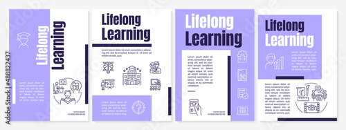 Lifelong learning guideline purple brochure template. Ongoing education. Leaflet design with linear icons. 4 vector layouts for presentation, annual reports. Anton, Lato-Regular fonts used