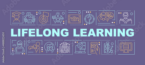 Lifelong learning word concepts dark purple banner. Ongoing education. Infographics with icons on color background. Isolated typography. Vector illustration with text. Arial-Black font used
