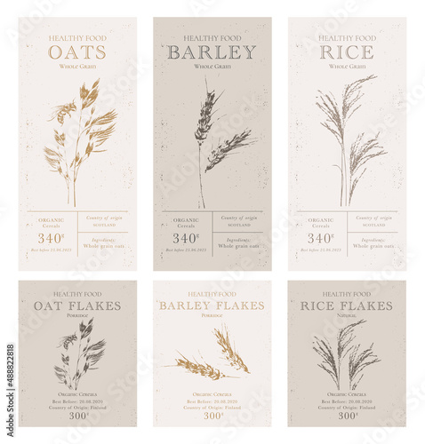 Set of customizable oatmeal labels of Natural healthy food. Cereal oat products packaging templates. Contemporary design for Cosmetics, Pharmacy, bakery
