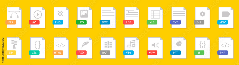 File format flat icon set. Document file icons vector set - obrazy, fototapety, plakaty 