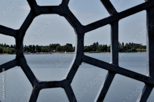 view of the lake through a metal spider web