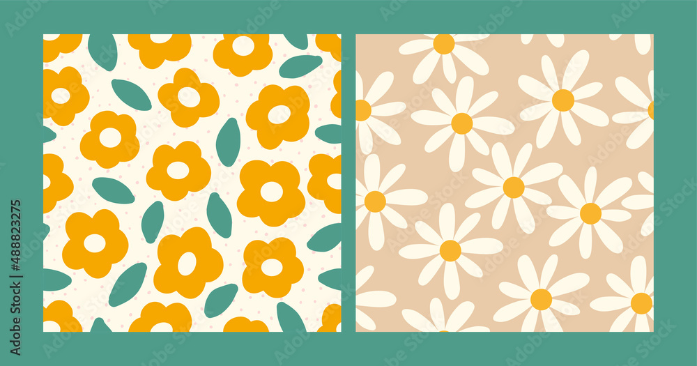 Set of floral seamless patterns with daisy and abstract flower. Boho hand drawn texture background with chamomile. Fabric textile print. Design for surface design, cover and wrapping paper.