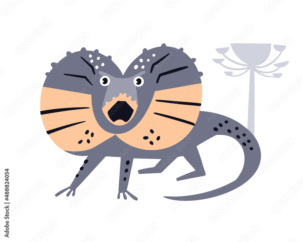 Cute decorative frilled-neck lizard. Animals of Australia. Scandinavian hand drawn vector illustration. Minimalistic geometric icon. Baby print for nursery. Cute decorative frilled-neck lizard. Animals of Australia. Scandinavian hand drawn vector illustration. Minimalistic geometric icon. Baby print for nursery.