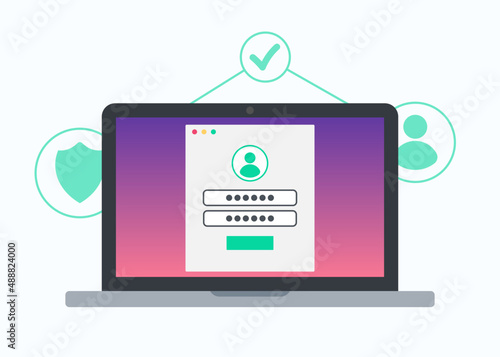 Account login and password form page concept. User profile sign on laptop display. User authorization, login authentication page. Flat vector illustration.