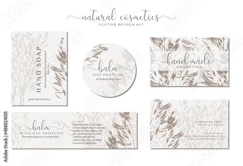 Set of customizable oatmeal labels of Natural healthy food. Cereal oat products packaging templates. Contemporary design for Cosmetics, Pharmacy, bakery