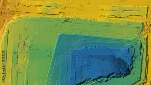 Animation of a mine elevation. GIS product made after processing aerial data taken from a drone. It shows excavation site with steep rock walls	