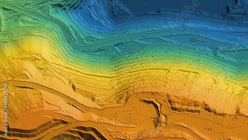 Animation of a mine elevation. GIS product made after processing aerial data taken from a drone. It shows excavation site with steep rock walls	