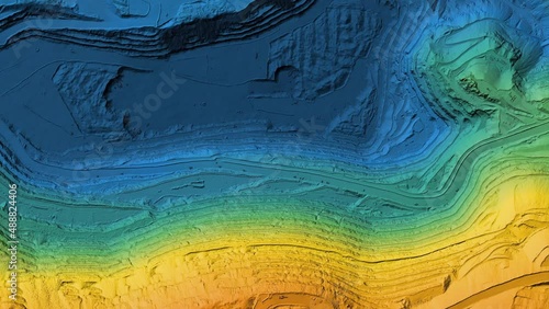 Animation of a mine elevation. GIS product made after processing aerial data taken from a drone. It shows excavation site with steep rock walls	