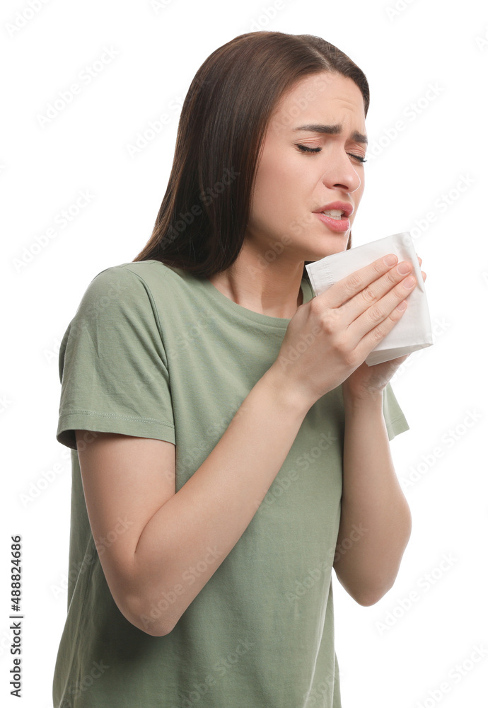 Woman sneezing on white background. Cold symptoms Woman sneezing on white background. Cold symptoms
