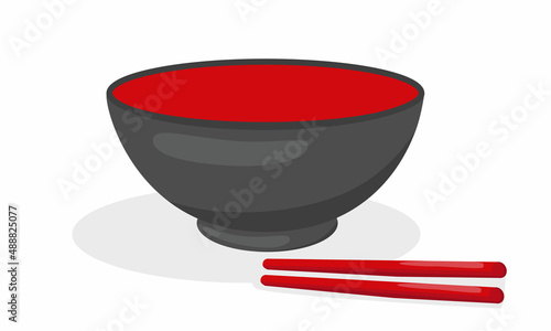 Empty red black bowl with chopsticks, shadow. Vector stock illustration isolated on white background for Asian cuisine template. 