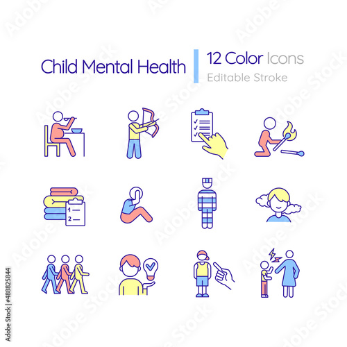 Child mental health RGB color icons set. Changes in kid and teenager behaviour. Isolated vector illustrations. Simple filled line drawings collection. Editable stroke. Quicksand-Light font used