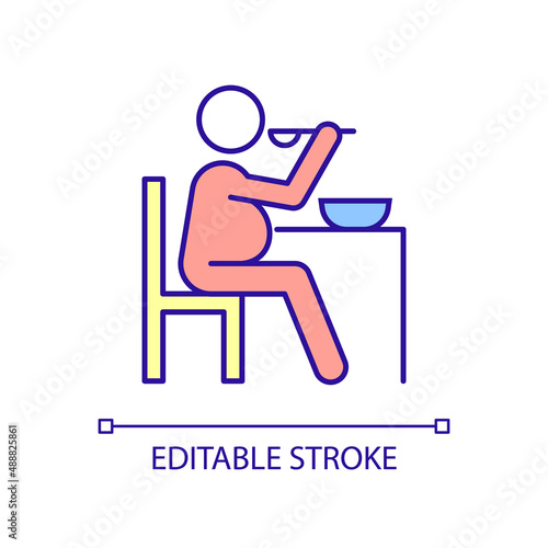 Binge-eating disorder RGB color icon. Mental illness. Compulsive overeating. Increase hunger. Gaining weight. Isolated vector illustration. Simple filled line drawing. Editable stroke. Arial font used