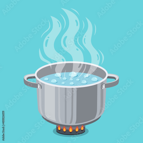 Boiling water in steel pan. Vector illustration.