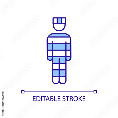 Incarcerated person in prison uniform RGB color icon. Crime and arrest. Imprisoned man. Criminal justice. Isolated vector illustration. Simple filled line drawing. Editable stroke. Arial font used