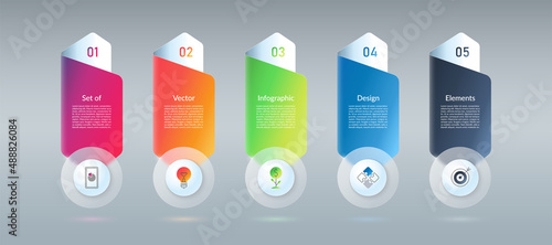Infographic design elements. Template of 5 options, steps, parts. Banner with place for text and icons. Glass effect. Vector background