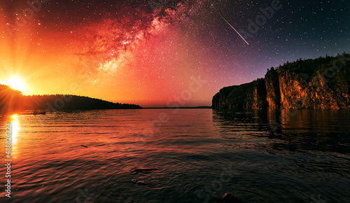Cliff on the lake under stary sky
