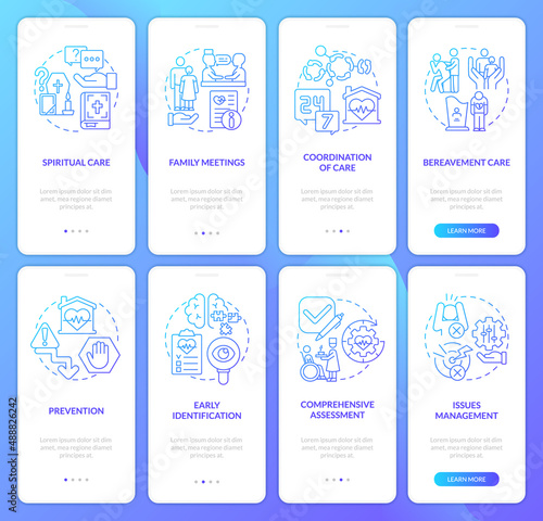 Hospice palliative care blue gradient onboarding mobile app screen set. Walkthrough 4 steps graphic instructions pages with linear concepts. UI, UX, GUI template. Myriad Pro-Bold, Regular fonts used