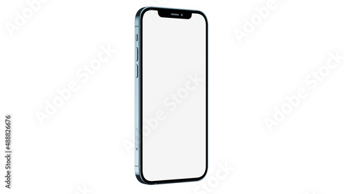 iPhone 12 pro / pro max on isolated white background. White mockup screen. Pacific Blue color.