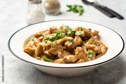 Traditional Russian dish Beef stroganoff in plate on concrete background