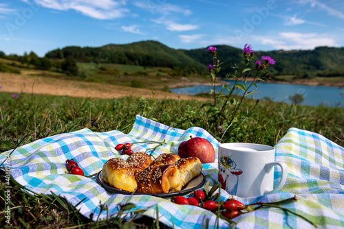 Breakfast in nature next to lake