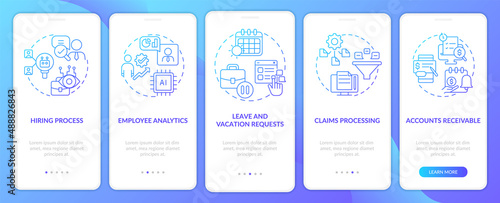 Automation in business blue gradient onboarding mobile app screen. Walkthrough 5 steps graphic instructions pages with linear concepts. UI, UX, GUI template. Myriad Pro-Bold, Regular fonts used