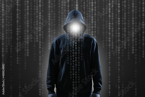 Computer hacker. Obscured dark face. Data thief, internet fraud, darknet and cyber security concept.