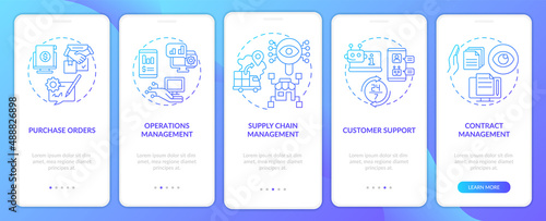 Business automation blue gradient onboarding mobile app screen. Walkthrough 5 steps graphic instructions pages with linear concepts. UI, UX, GUI template. Myriad Pro-Bold, Regular fonts used