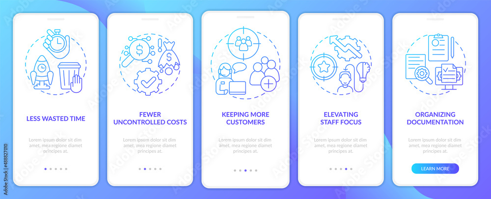 Benefits of BPA in banking blue gradient onboarding mobile app screen. Walkthrough 5 steps graphic instructions pages with linear concepts. UI, UX, GUI template. Myriad Pro-Bold, Regular fonts used