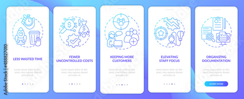 Benefits of BPA in banking blue gradient onboarding mobile app screen. Walkthrough 5 steps graphic instructions pages with linear concepts. UI, UX, GUI template. Myriad Pro-Bold, Regular fonts used