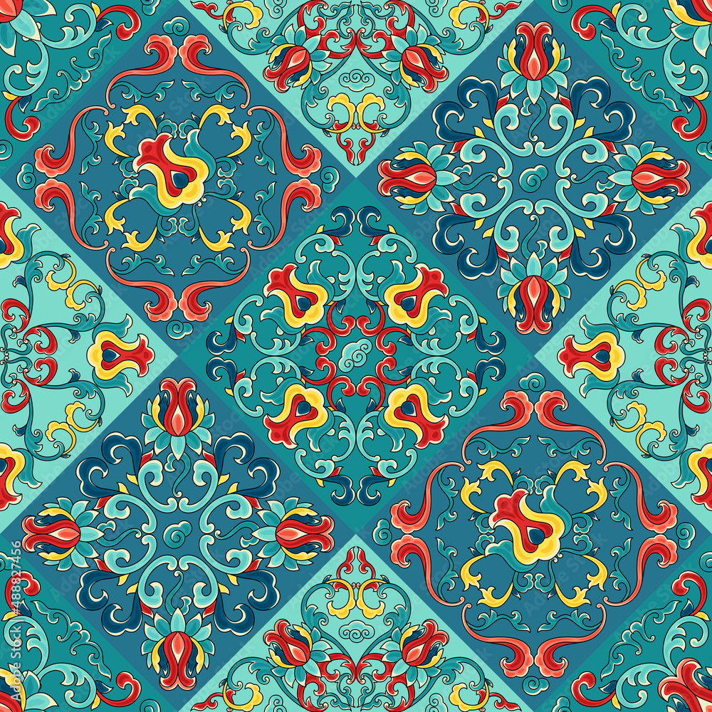Chinese ceramic tile seamless pattern. Oriental traditional floral ornament. Wall or floor texture.