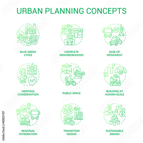 Urban planning green gradient concept icons set. Town development process idea thin line color illustrations. Isolated symbols. Editable stroke. Roboto-Medium, Myriad Pro-Bold fonts used