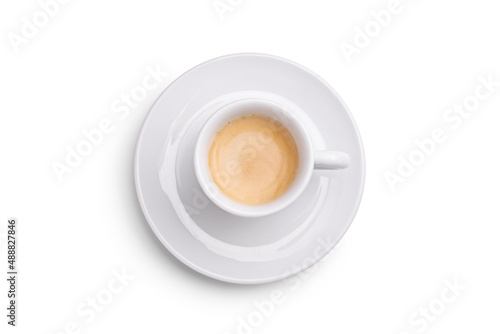 Studio shot of an spresso coffee in a white cup on a saucer taken from above
