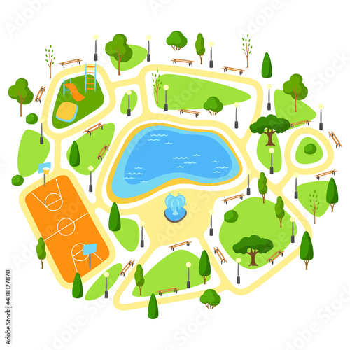 Illustration of beautiful summer or spring city park. Urban public space with lake, lawn and trees for walking.