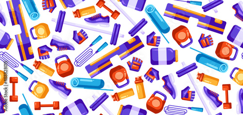 Seamless pattern with fitness equipment. Sport bodybuilding items illustration.