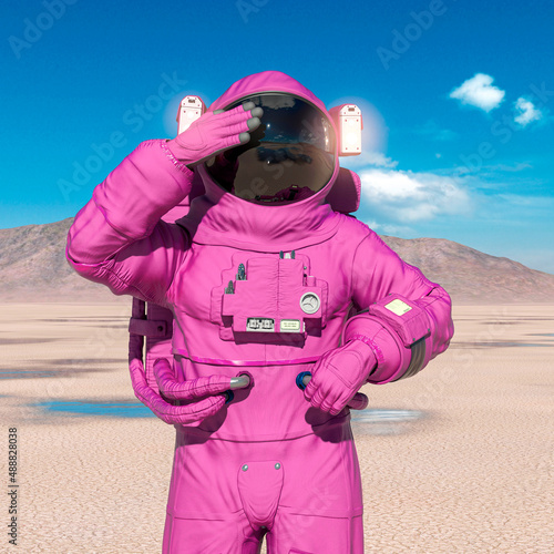 astronaut is blinded by the sun in the desert of another planet after rain © DM7