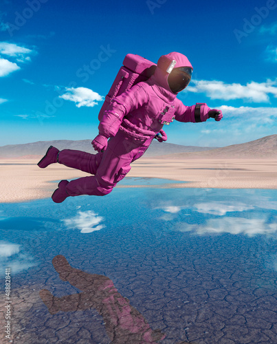 astronaut is floating over with reflection on water in the desert of another planet after rain side view