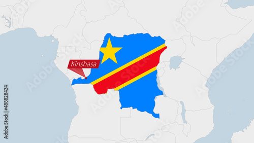DR Congo map highlighted in DR Congo flag colors and pin of country capital Kinshasa.