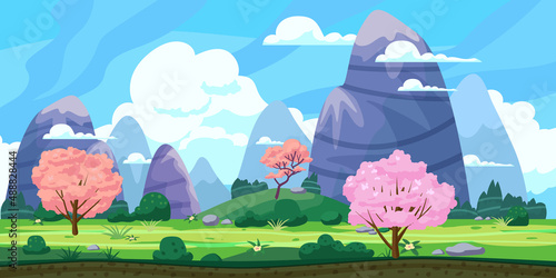 Fantasy landscape, green hills, blooming trees, spring, mountains, panorama. Vector cartoon background illustration