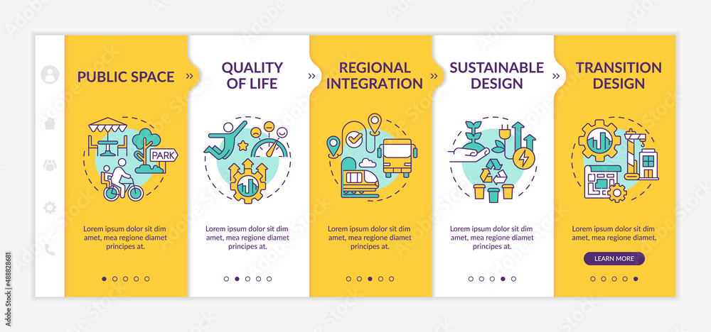Principles of urban design yellow onboarding template. Life quality improving. Responsive mobile website with linear concept icons. Web page walkthrough 5 step screens. Lato-Bold, Regular fonts used