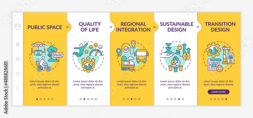 Principles of urban design yellow onboarding template. Life quality improving. Responsive mobile website with linear concept icons. Web page walkthrough 5 step screens. Lato-Bold, Regular fonts used