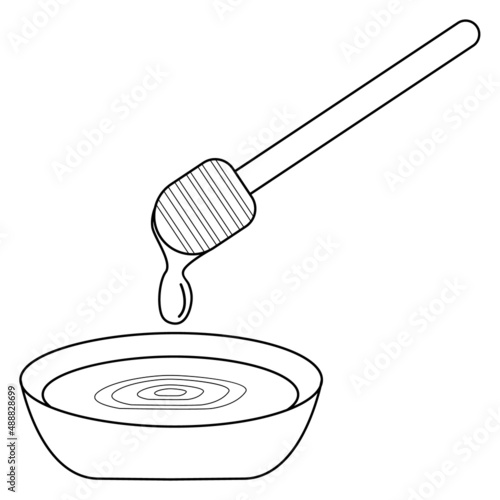 Hand drawn honey in a cup and a honey dipper. A product produced by bees.