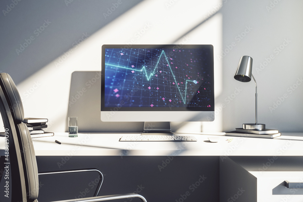 Modern computer monitor with creative abstract heart rate hologram. Healthcare technolody concept. 3D Rendering Modern computer monitor with creative abstract heart rate hologram. Healthcare technolody concept. 3D Rendering