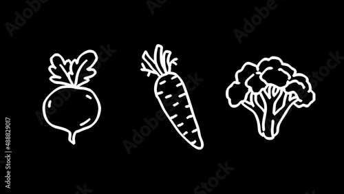 Beets carrots broccoli white outline. Frame by frame animation. Alpha channel. Looped animation