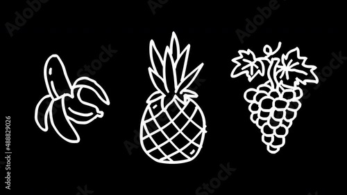 Banana pineapple grapes white outline. Frame by frame animation. Alpha channel. Looped animation